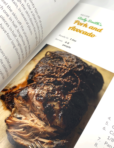 Cookbook with high resolution picture of pork recipe
